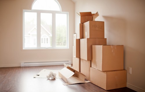 Business relocation planning with boxes, labels, and equipment