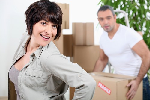 Packed office furniture and equipment ready for transport