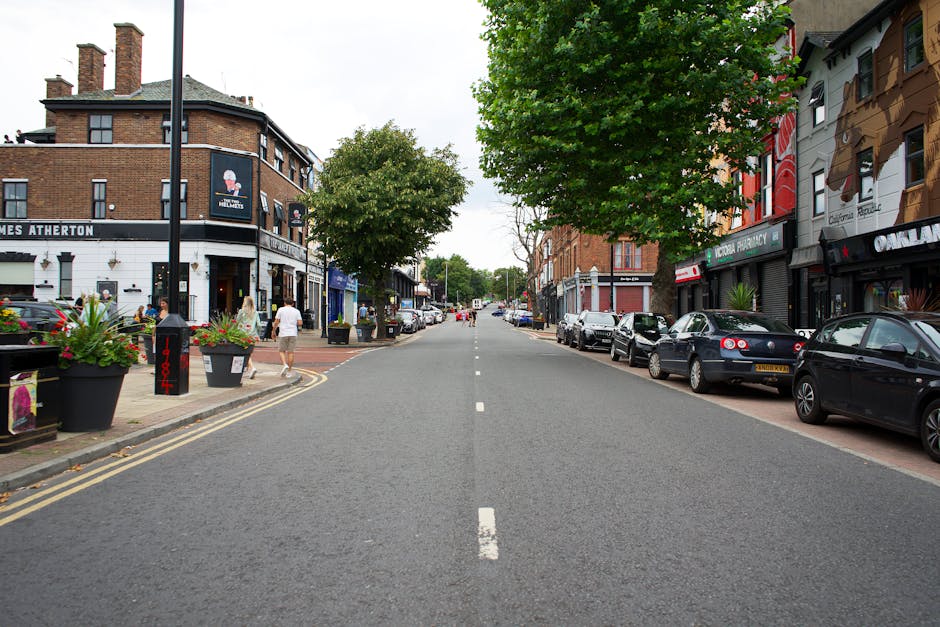 A quiet urban street scene during daytime with a wide, paved road flanked by parked black and silver cars on both sides. The left sidewalk features large black planters filled with colorful flowers and a few pedestrians walking, including a person in a white shirt and another in casual attire. On the right, multi-story buildings house shops and businesses, including a pharmacy with a green sign and shopfronts with large windows and signage. Trees with green foliage line both sides of the street, with a large tree in the center providing shade. The setting suggests a commercial and residential area suitable for home relocation and furniture transport, with visible loading and parking areas that would be relevant for house removals. The scene is well-lit with natural daylight, illustrating a typical street environment where Movers Dulwich might undertake moving services with careful planning for access and parking during a house move.